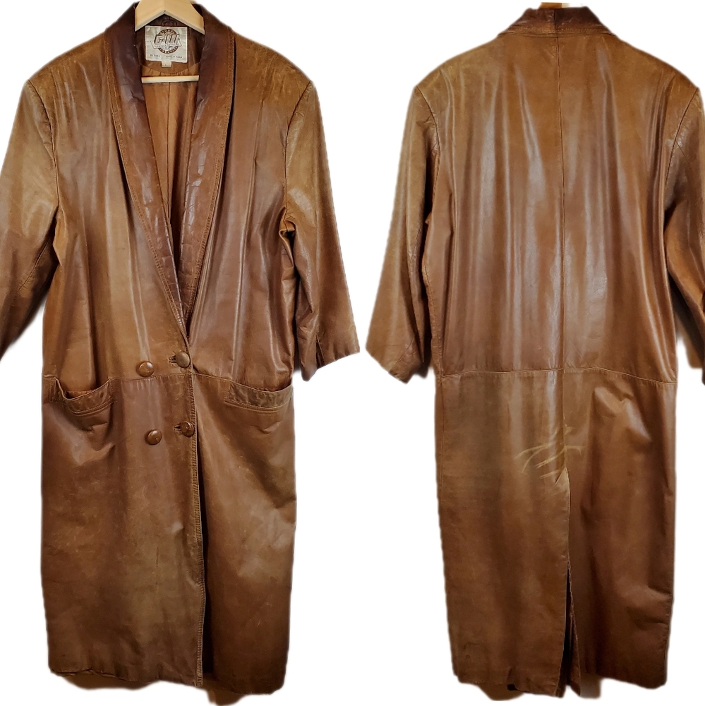Vintage 70s Global Identity Brown Leather Trench Coat Size L Womens Hobo Chic